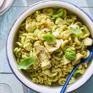 Artichoke Basil and Corn Pasta Salad