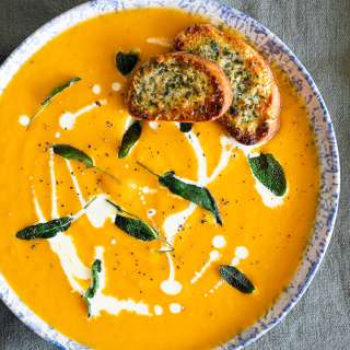 Sweet potato soup with Garlic Parmesan toasts