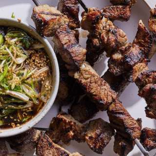 Grilled Steak Skewers with Scallion Sauce