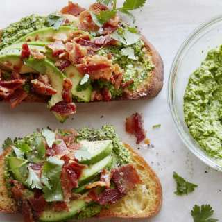 Green Harissa Tartines with Bacon and Avocado