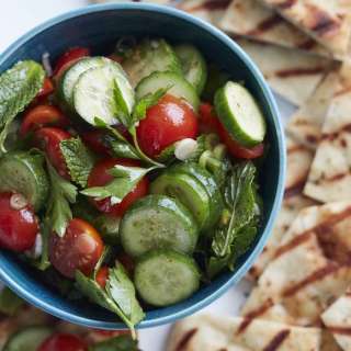 Cucumber Tomato Salad with Garlic and Herb Grilled Naan