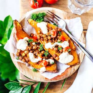 Mediterranean Stuffed Sweet Potatoes With Crispy Chickpeas