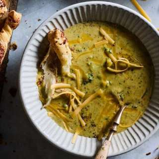 Broccoli Cheddar Soup with Puff Pastry Cheese Straws