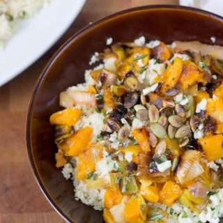 Bulgur salad with roasted butternut squash and leeks
