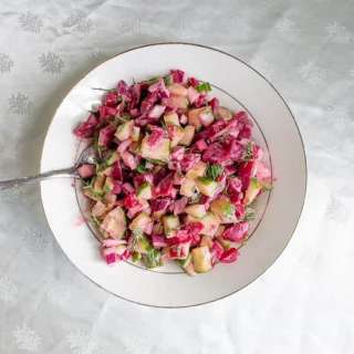 Pickled beet and cucumber salad with a horseradish yogurt sauce
