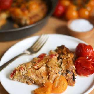 Roasted pepper and tomato vegan quiche with sweet potato crust