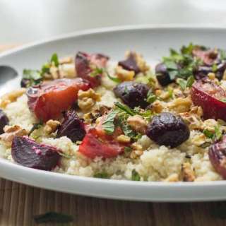 Roasted beet and plum salad with toasted walnuts and fresh mint