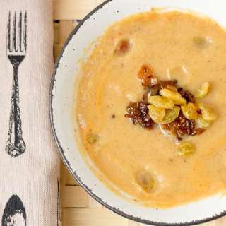 Middle Eastern spiced cauliflower soup with caramelized onions and raisins