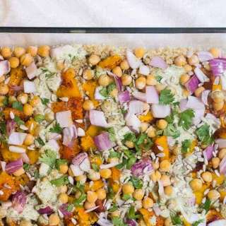 Quinoa with kabocha squash and chickpeas in green tahini sauce