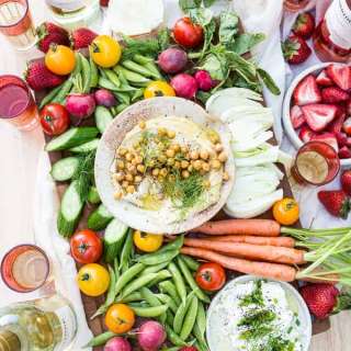 Recipes for easy springtime Middle Eastern entertaining with wine: spring hummus with crispy chickpeas, goat cheese with herbs and wine-soaked strawberries {GF, Veg, V}