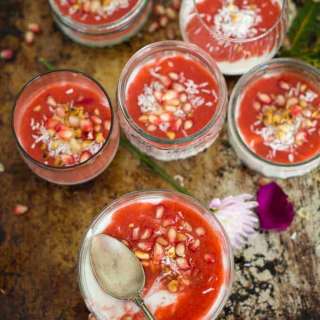 Vegan malabi with sugar-free strawberry rose syrup