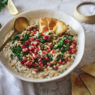 4-ingredient Lebanese Baba Ganoush Recipe with Pomegranate seeds and pine nuts