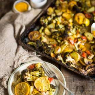 Roasted lemon potatoes, broccoli and peppers