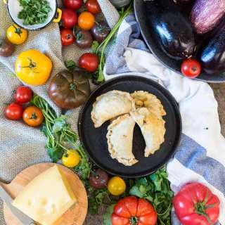 Homemade Balkan bourekas with eggplant, tomatoes, Jarlsberg and feta cheese
