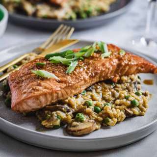 Teriyaki Salmon Risotto with Peas and Mushrooms