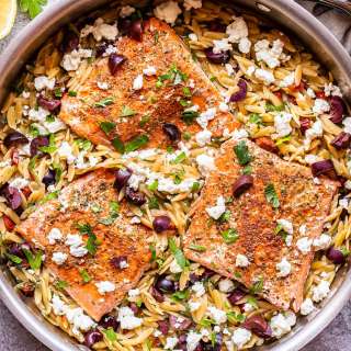 Greek Salmon and Orzo Skillet