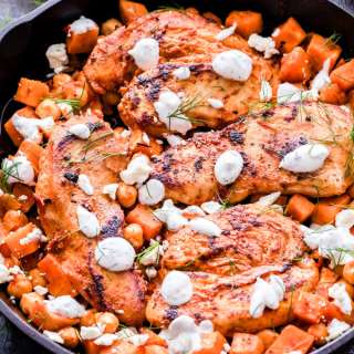 Harissa Chicken, Sweet Potato and Chickpea Skillet