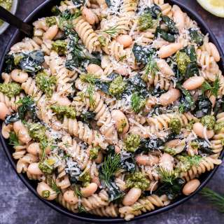 One Pot Creamy Kale, White Bean and Pesto Pasta