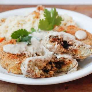 Vegetarian bastilles, kolduny, or vegetarian stuffed potato patties with a mushroom filling