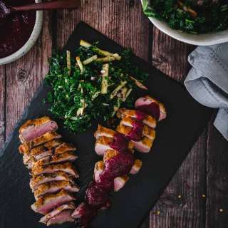 Pan-Seared duck breast with berry-apple compote