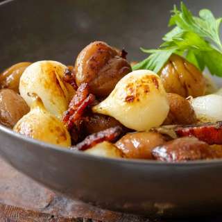 Portuguese Onions, Chestnuts, and Bacon