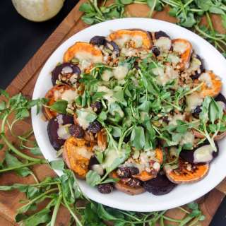 Sweet potato and beet salad with watercress, miso-maple dressing and salad topper lite