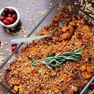 Almond, cranberry and sweet potato stuffing with berry granola crumble