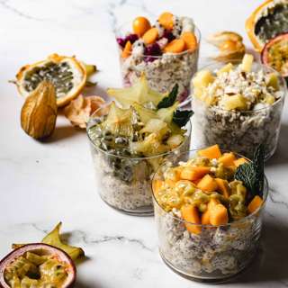 Gluten free and vegan overnight oats with tropical fruit