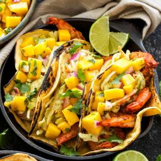 Grilled Shrimp Tacos with Avocado Slaw and Mango Salsa