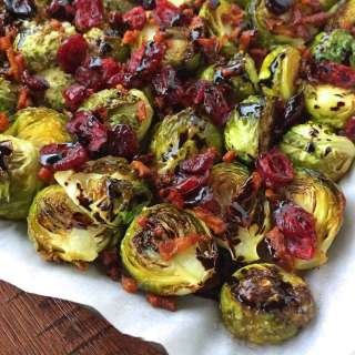 Roasted Brussels Sprouts with Cranberries, Bacon & Balsamic Reduction