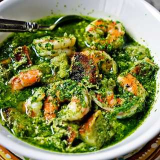 Portuguese Bread and Garlic Soup with Cilantro and Shrimp