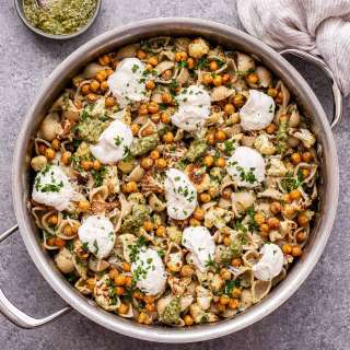 Roasted Cauliflower and Chickpea Pesto Pasta