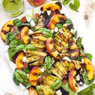 Grilled Chicken, Peach, Pecan and Goat Cheese Salad with Basil Vinaigrette