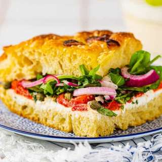 Focaccia Sandwiches with Arugula, Roasted Red Peppers, and Goat Cheese