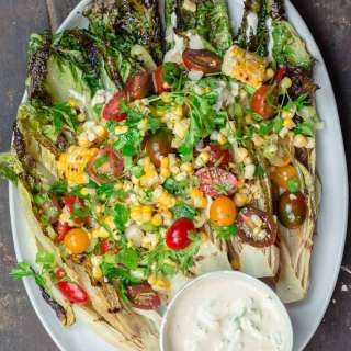 Grilled Romaine Salad with Corn, Tomatoes, and Tahini