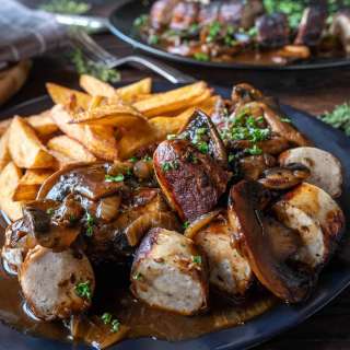 Bratwurst with Mushroom Gravy