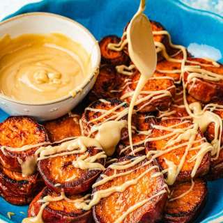Oven Roasted Sweet Potatoes with a Honeyed Tahini Drizzle