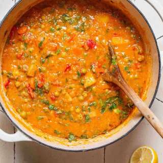 Vegan Vegetable Stew with Peas, Potatoes, and Red Bell Pepper