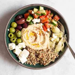 Mediterranean Bowl with Quinoa, Hummus, and Harissa