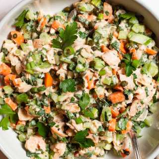 Salmon Salad with Fresh Vegetables, Parsley, and Capers