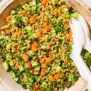 Herby Freekeh Salad with Fresh Veggies and Pomegranate Dressing
