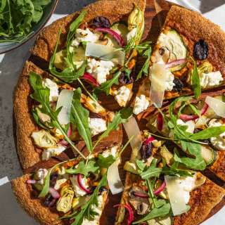 Veggie Pizza with Romesco, Mushrooms, and Artichoke Hearts