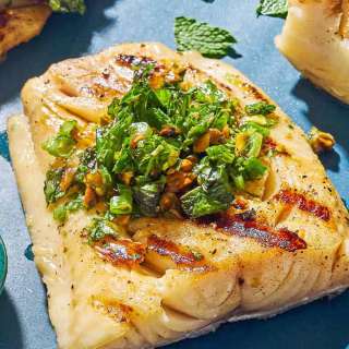 Grilled Cod with Pistachio-Herb Salsa