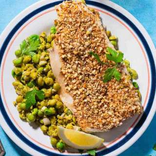 Lemony Dukkah-Crusted Sea Bass with Smashed Peas