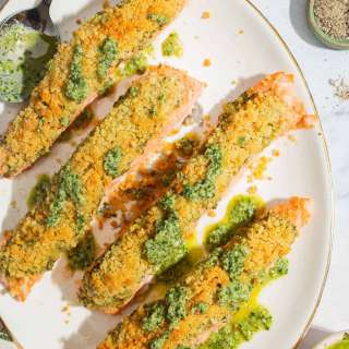 Easy Pesto Salmon with a Crispy Breadcrumb Crust