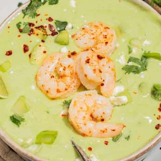 Chilled Avocado Soup with Greek Yogurt, Cucumber, and Shrimp
