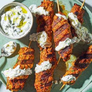 Chicken Kofta Kebabs with Harissa and Garlic-Mint Yogurt