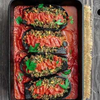Stuffed Baby Eggplant with Spiced Ground Beef, Bulgur and Pine Nuts