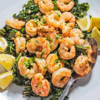 Pan Seared Shrimp with Lemon-Garlic Braised Greens (Horta) 