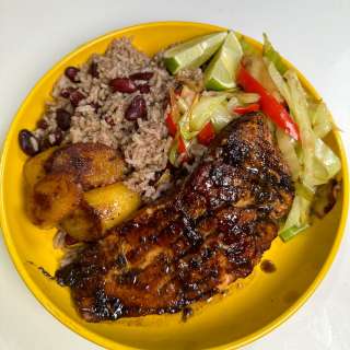 Jerk Salmon, Rice & Peas
